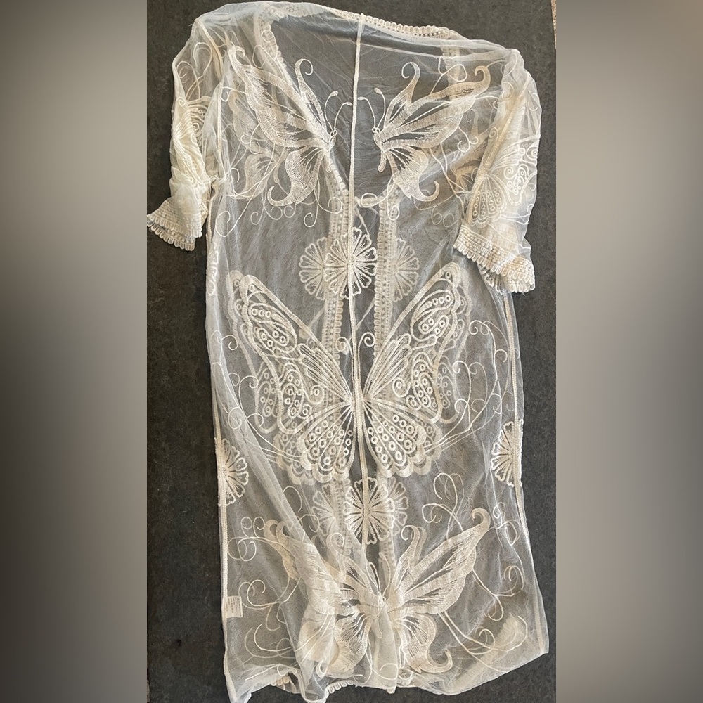 Boho Hippy Kimono Duster Bikini Coverup Butterfly Whimsy Open Crochet Knit Ivory